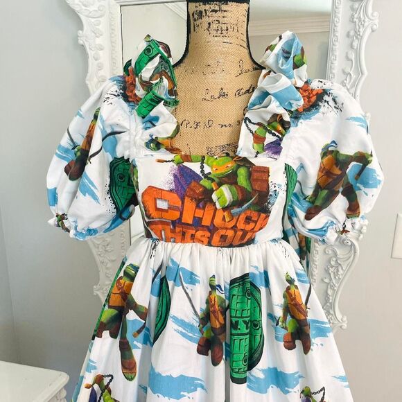 New York Couture Reworked Teenage Mutant Ninja Turtles Ruffle Puff Sleeve Dress - Picture 2 of 6